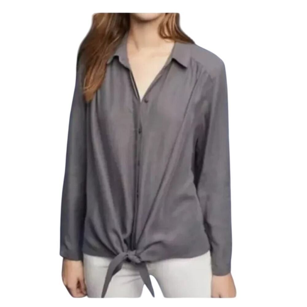 Anthropologie Maeve Women's Grey 100% Tencel Tie Front Blouse Size M